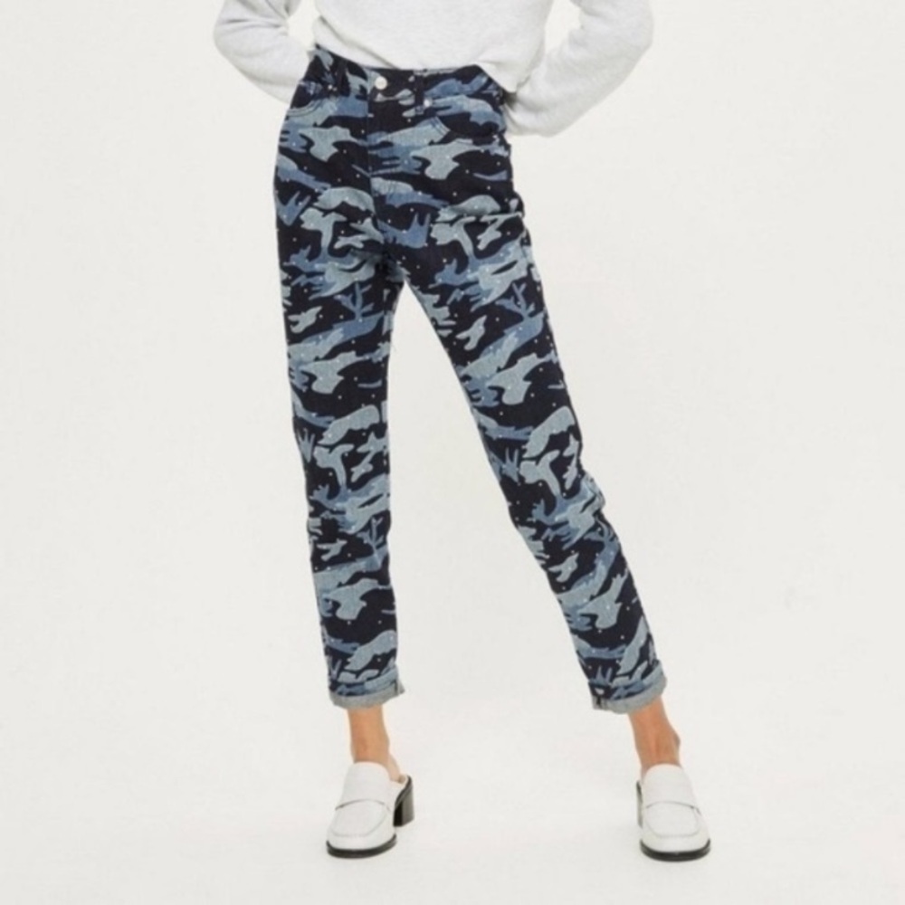 Topshop Moto Blue Camo Diamante Mom Jeans 28